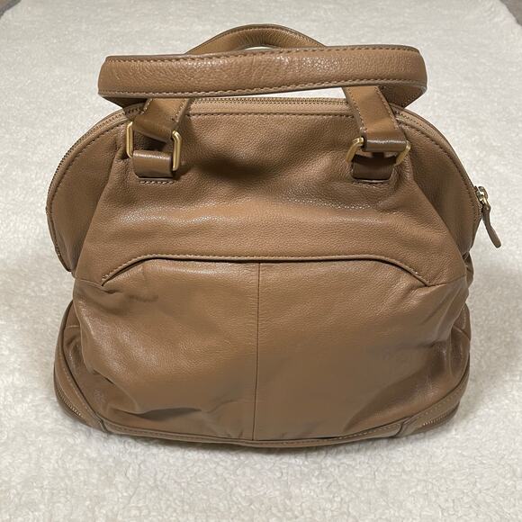 Talbots Tan Leather Satchel Handbag Large Pebbled Multi Zip Compartments NWOT - Picture 5 of 11